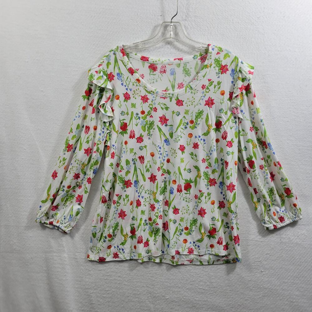 Loft Outlet Women's White Floral Blouse Ruffle Shoulders Size L 22425-1069